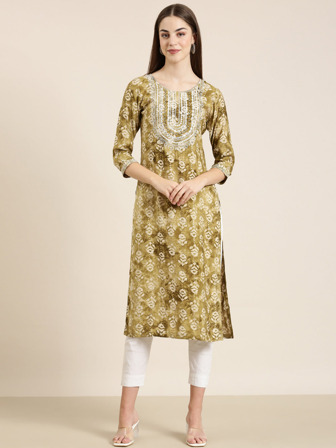 Women Olive Floral Straight Kurta