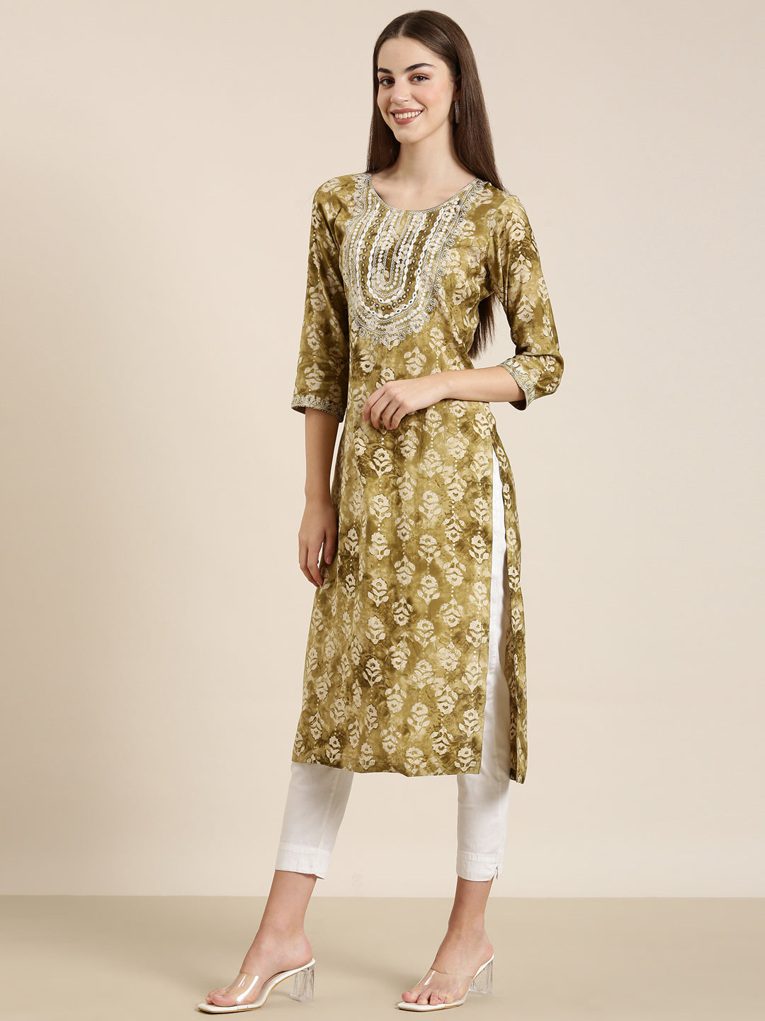 Women Olive Floral Straight Kurta