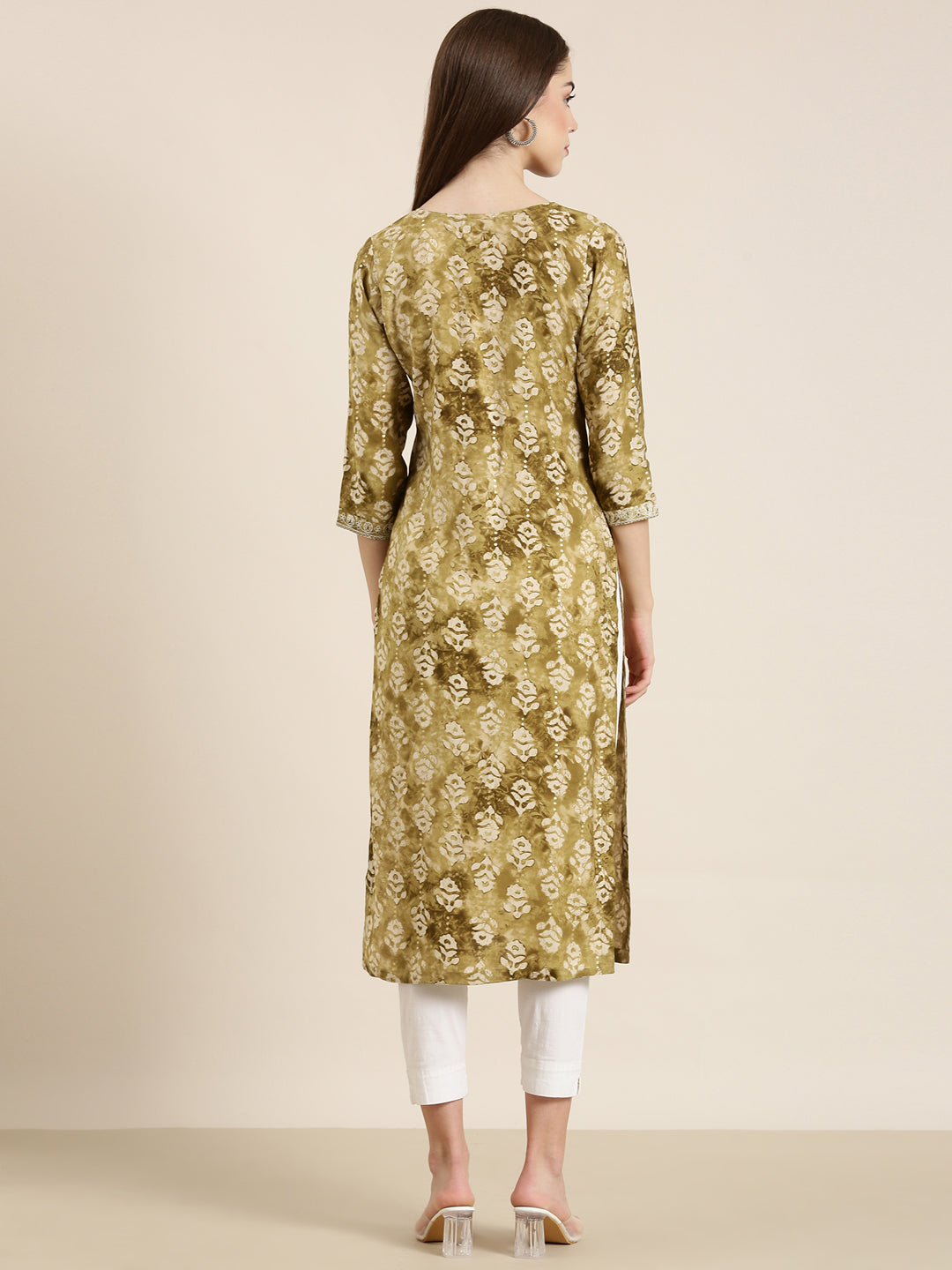 Women Olive Floral Straight Kurta