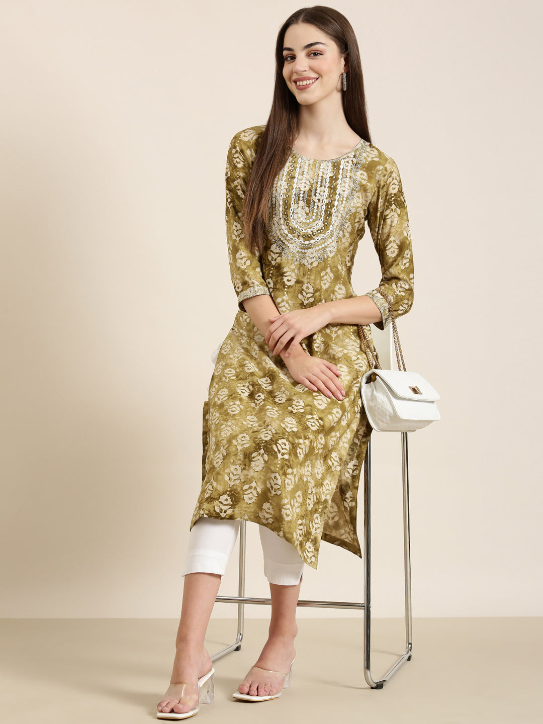 Women Olive Floral Straight Kurta