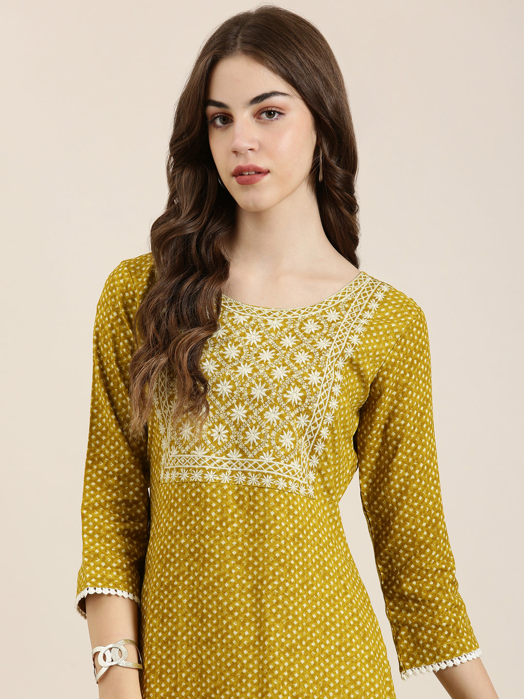 Women Mustard Geometrical Straight Kurta