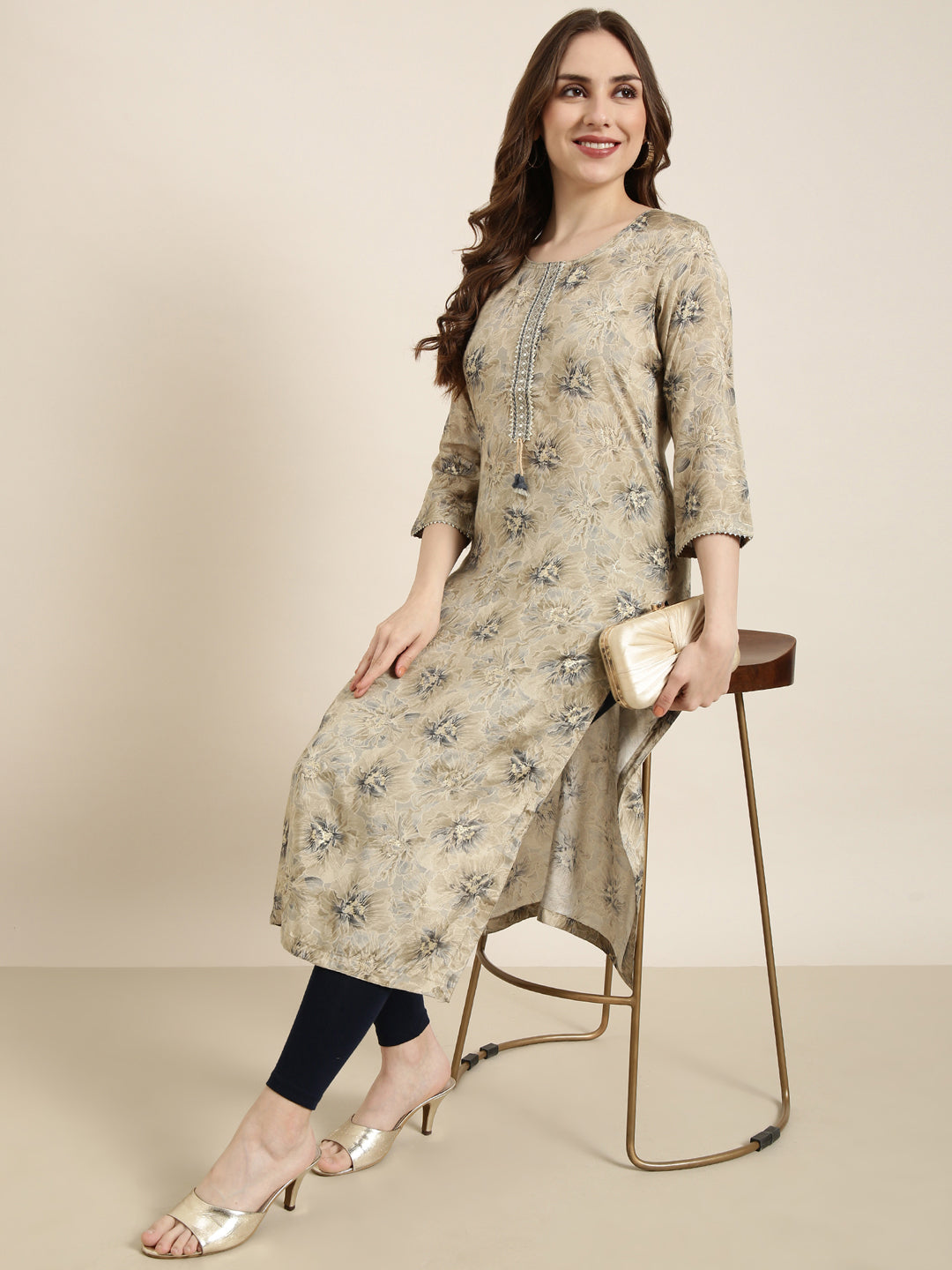 Women Straight Beige Floral Kurta