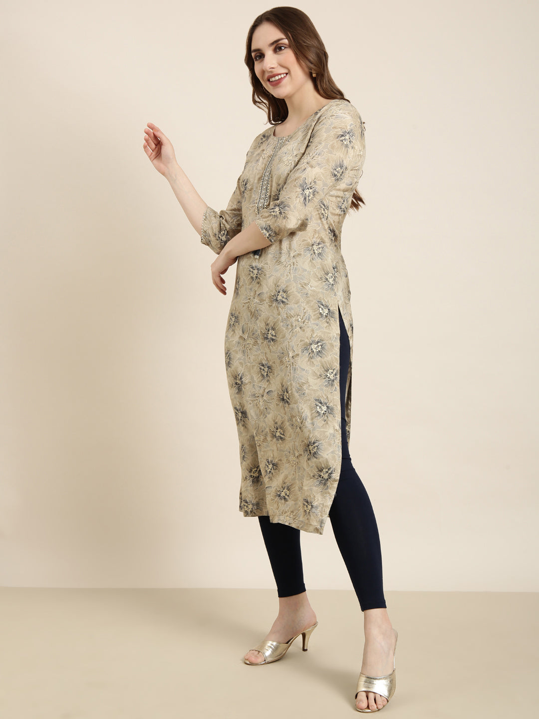 Women Straight Beige Floral Kurta