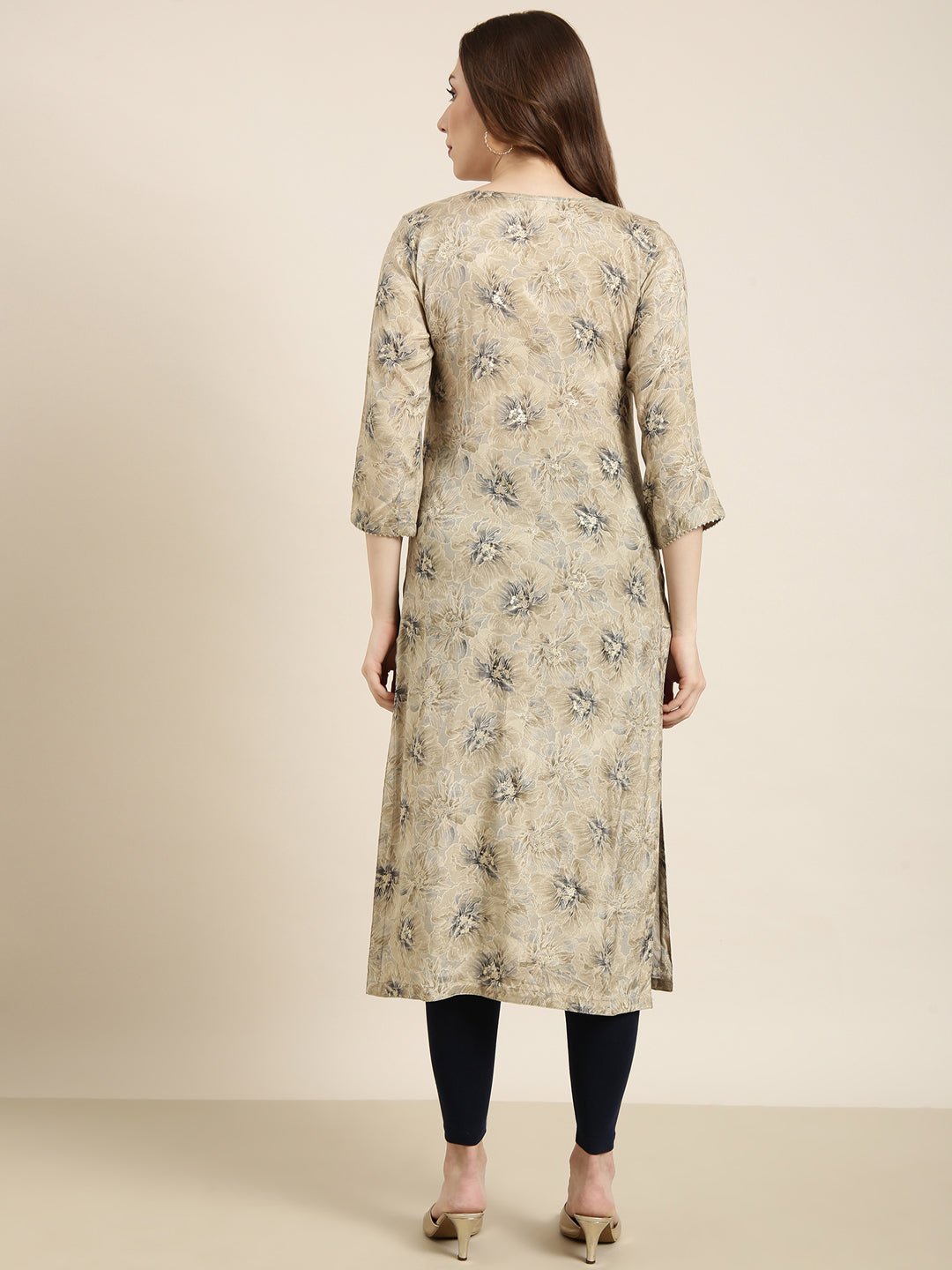 Women Straight Beige Floral Kurta