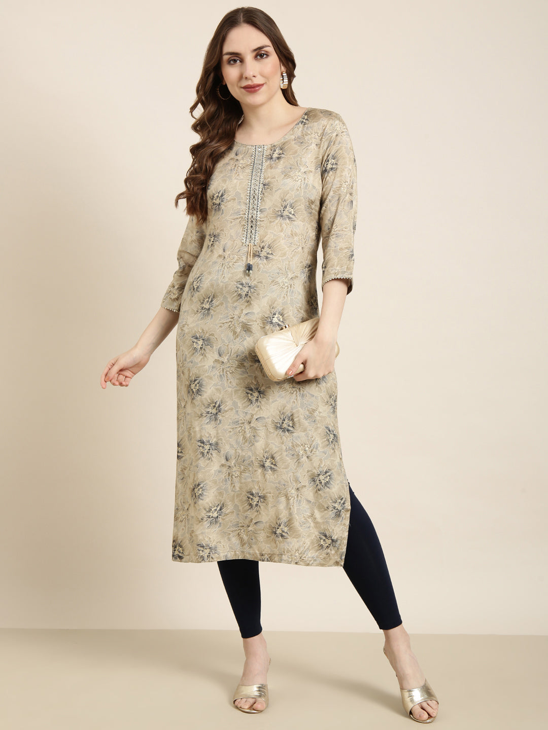 Women Straight Beige Floral Kurta