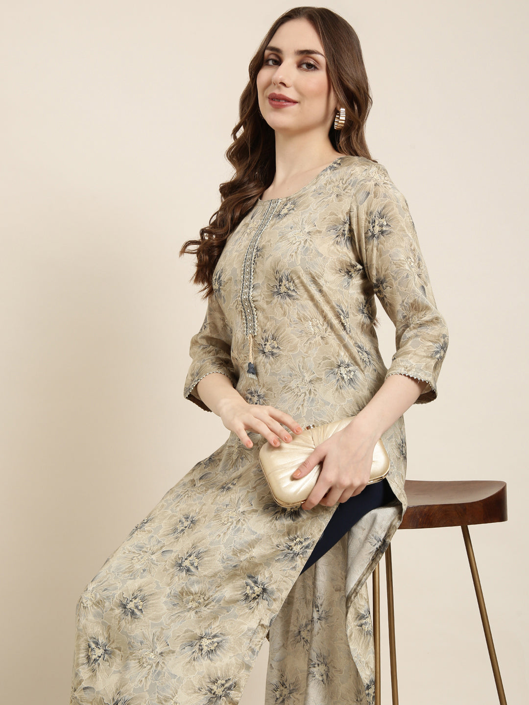 Women Straight Beige Floral Kurta