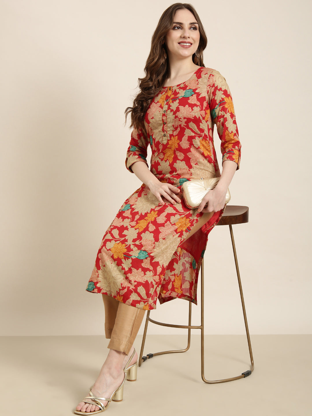 Women Straight Red Floral Kurta