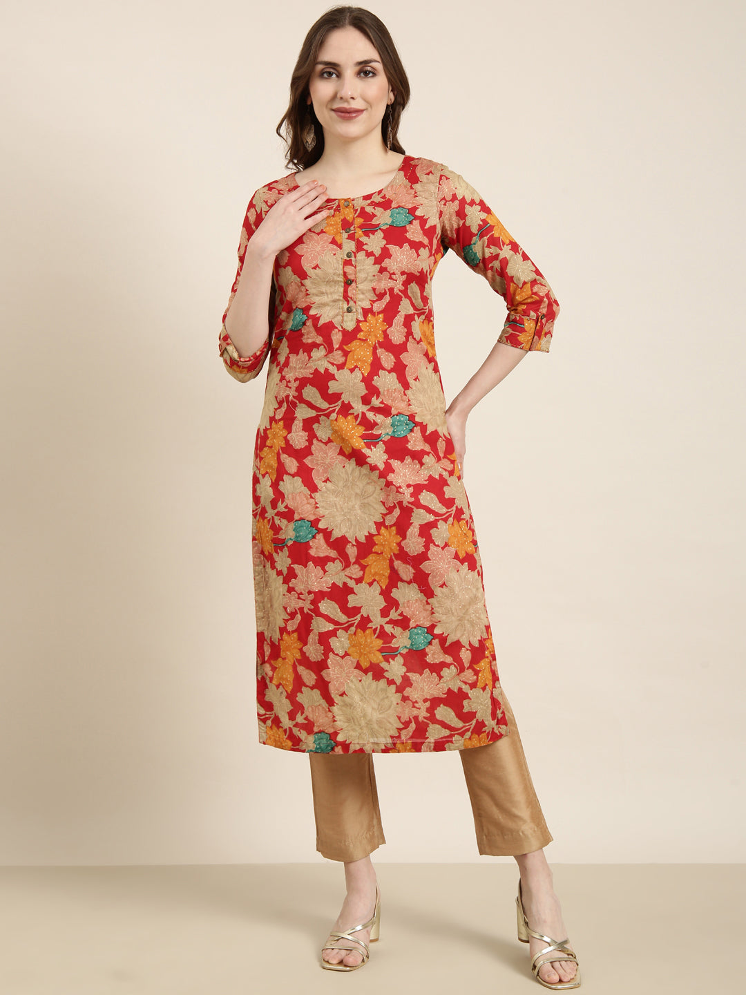 Women Straight Red Floral Kurta