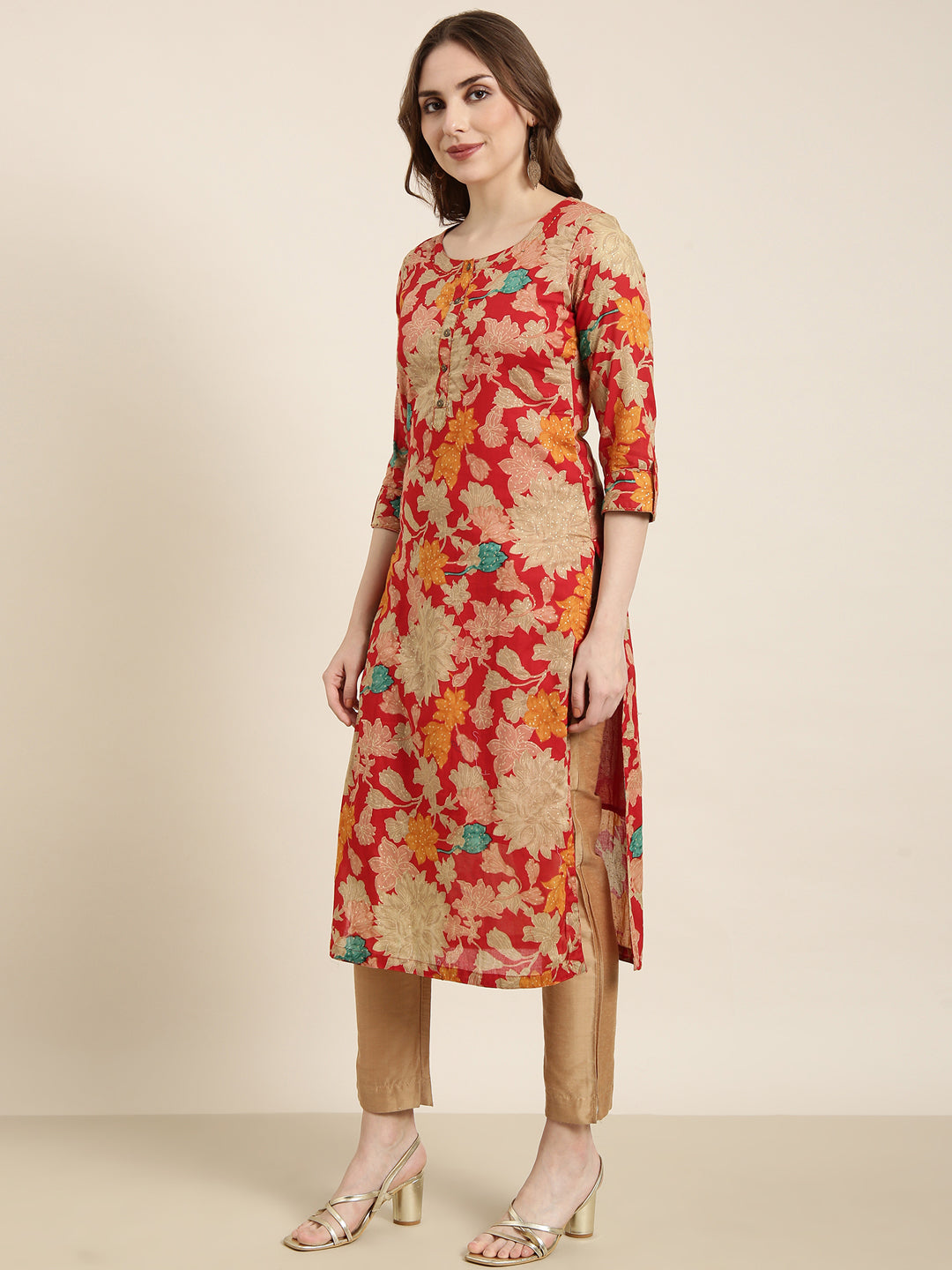 Women Straight Red Floral Kurta