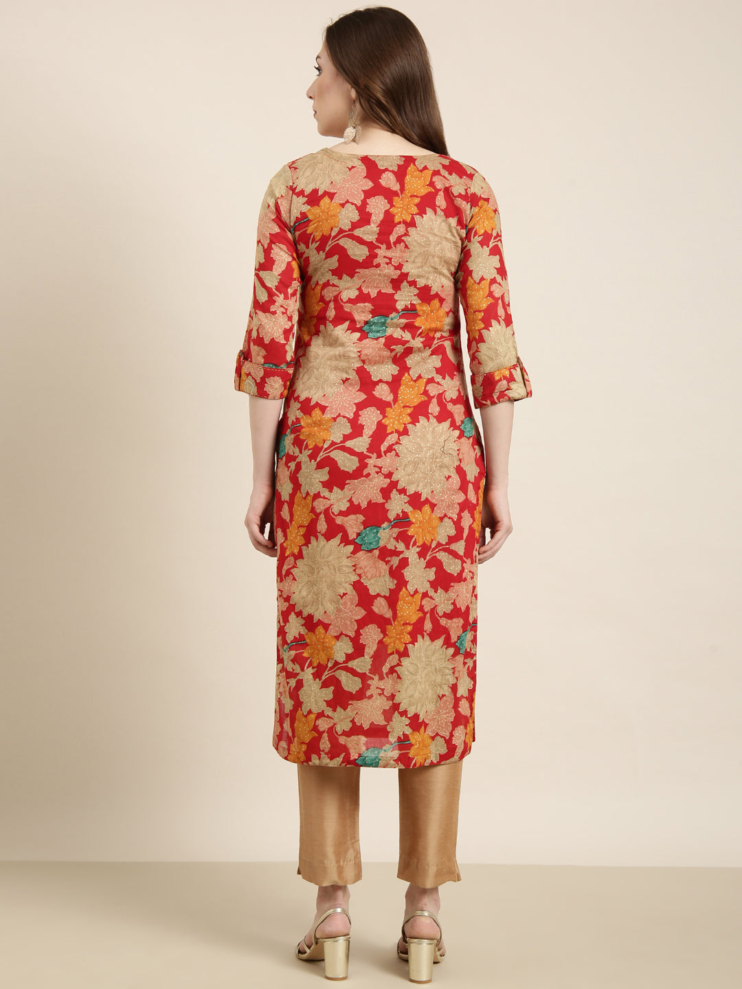 Women Straight Red Floral Kurta