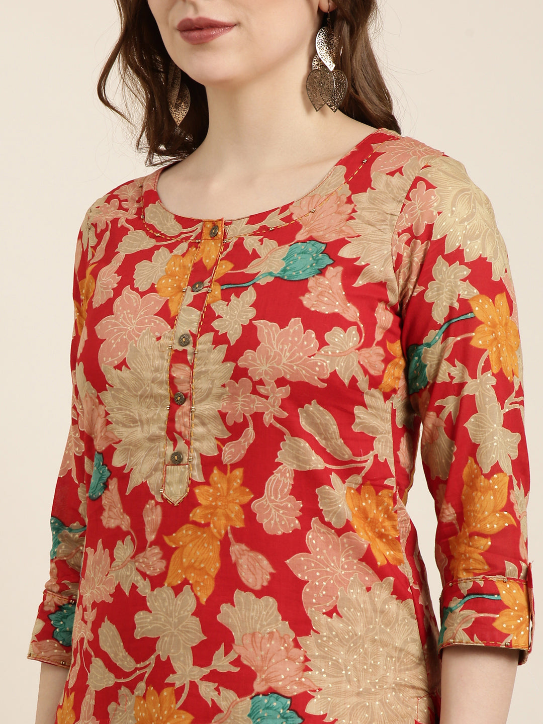 Women Straight Red Floral Kurta