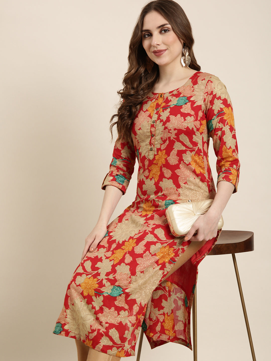 Women Straight Red Floral Kurta