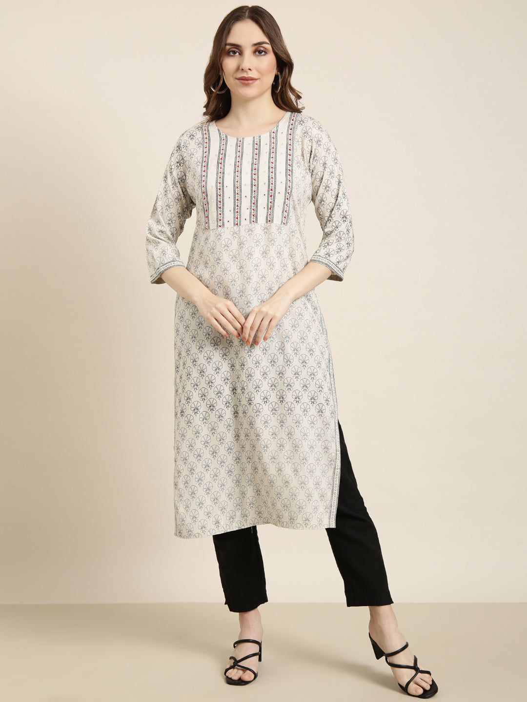 Women Straight Grey Floral Kurta