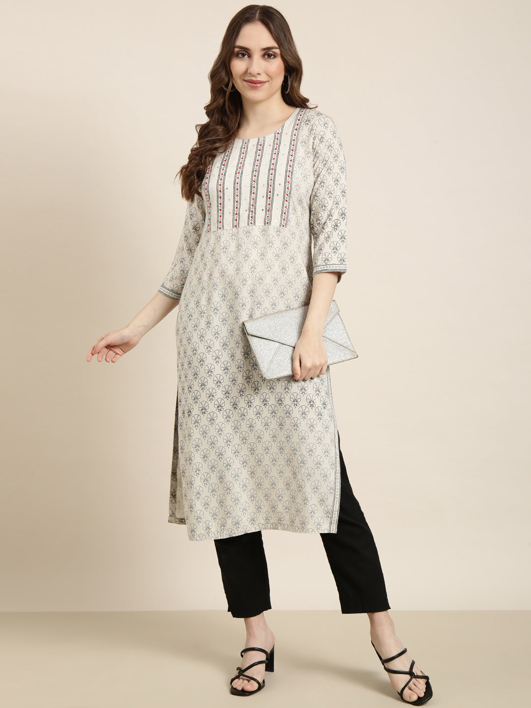 Women Straight Grey Floral Kurta