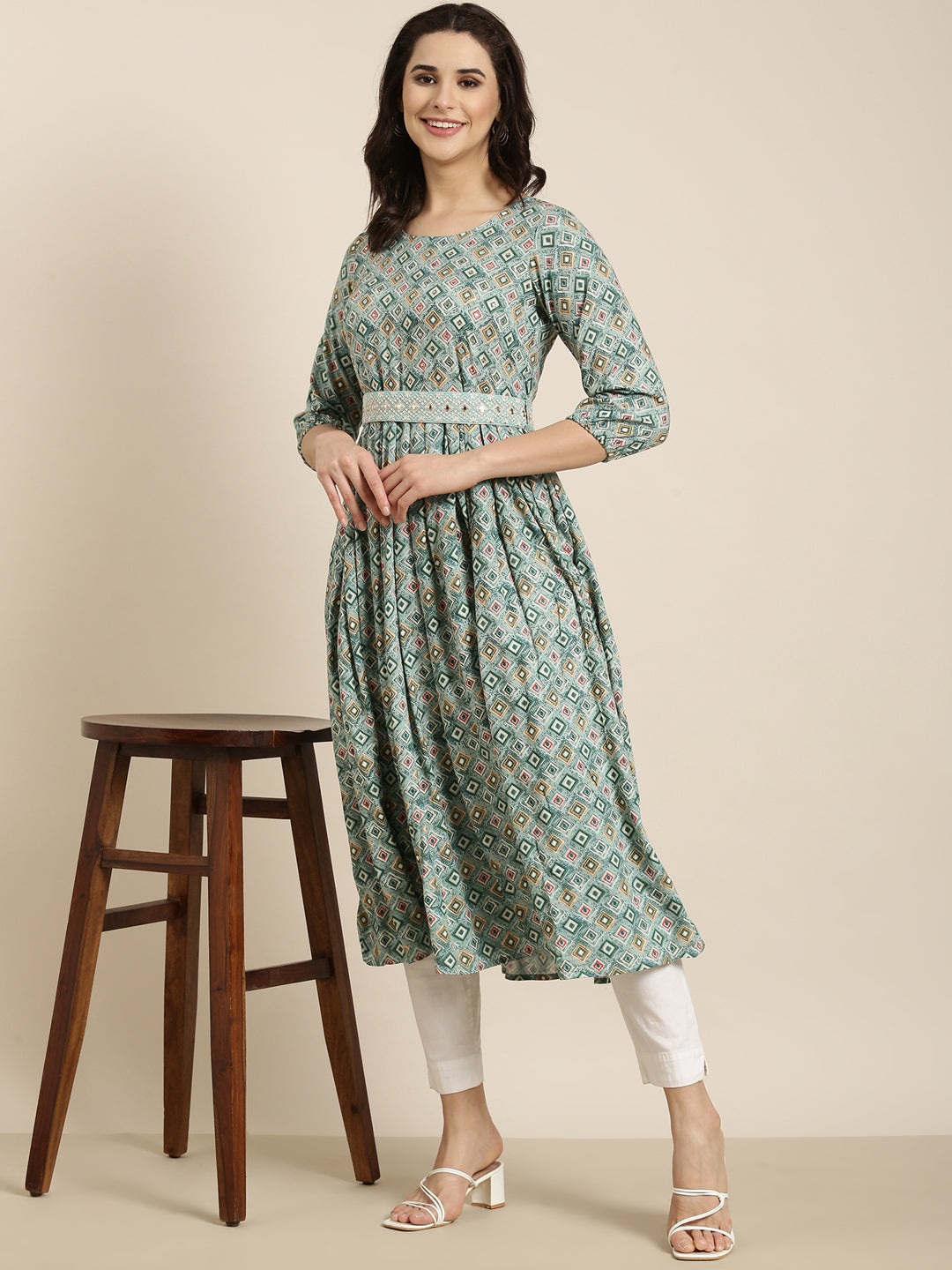 Women Anarkali Sea Green Geometric Kurta Comes With Belt