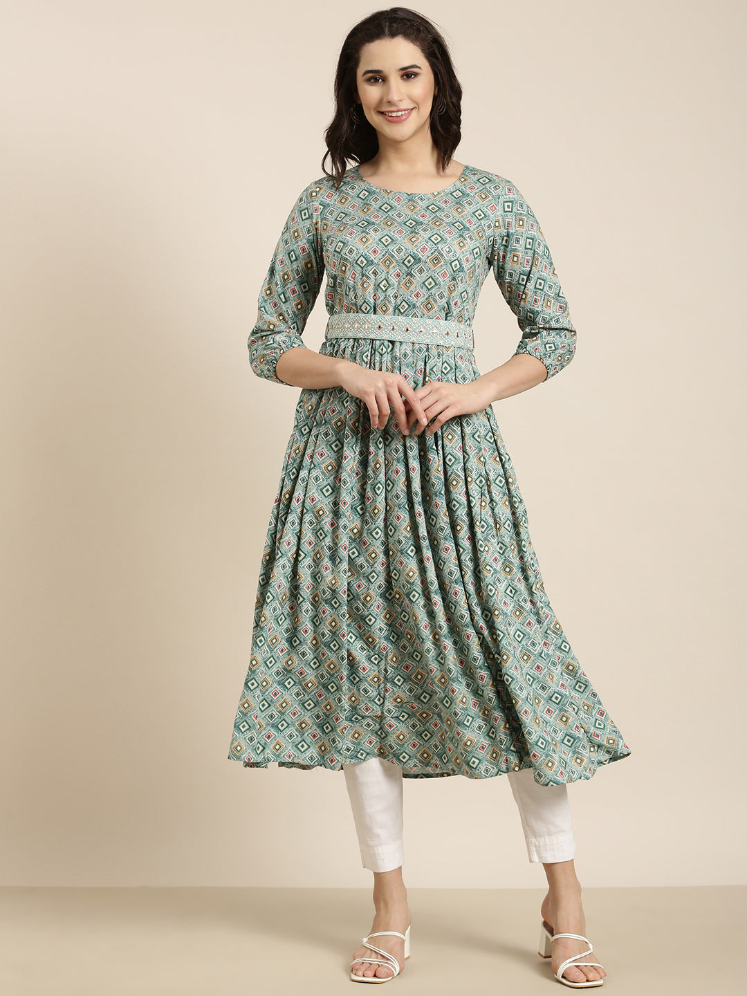 Women Anarkali Sea Green Geometric Kurta Comes With Belt