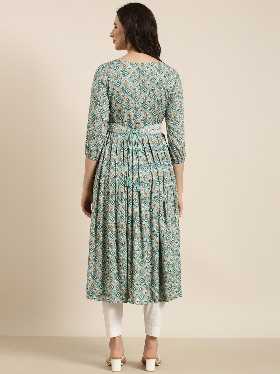 Women Anarkali Sea Green Geometric Kurta Comes With Belt