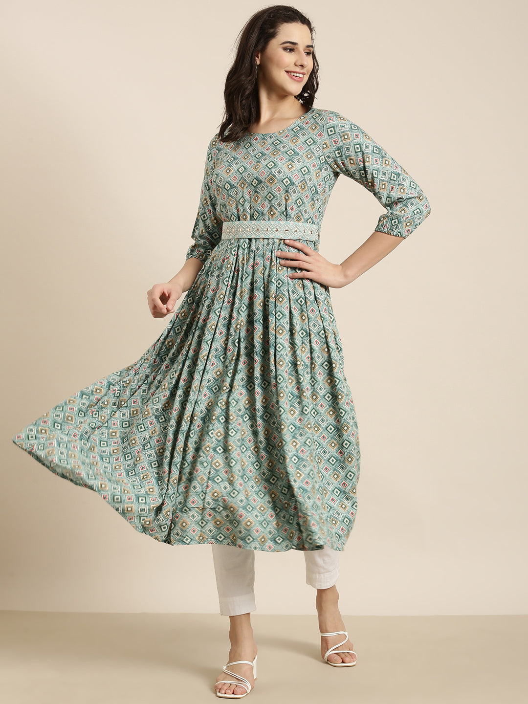 Women Anarkali Sea Green Geometric Kurta Comes With Belt