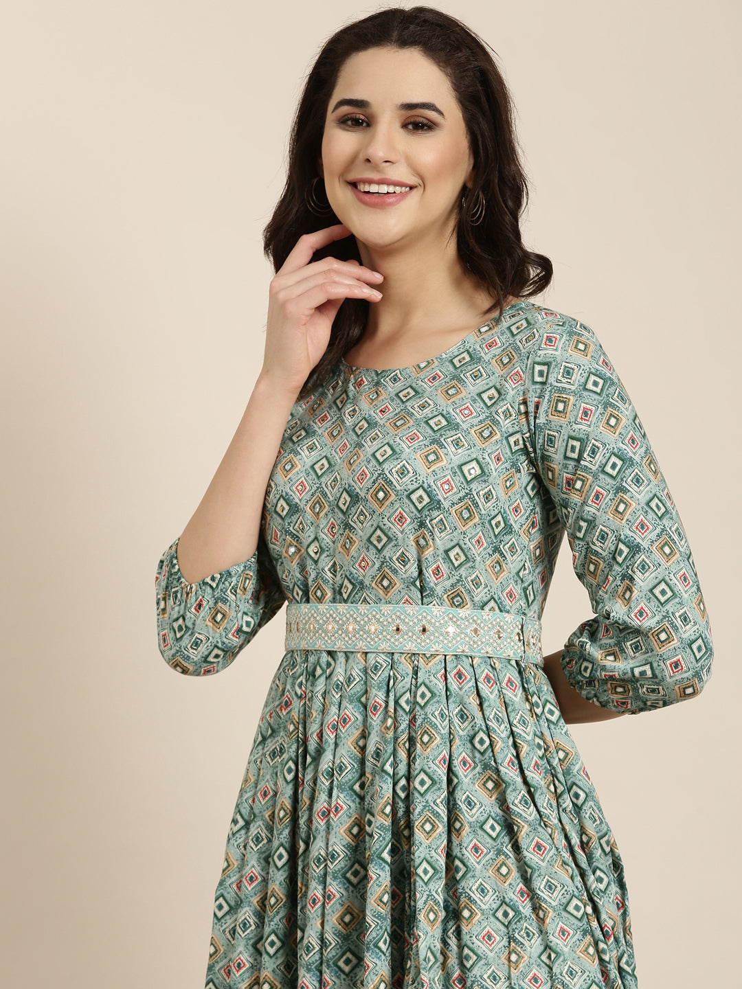 Women Anarkali Sea Green Geometric Kurta Comes With Belt