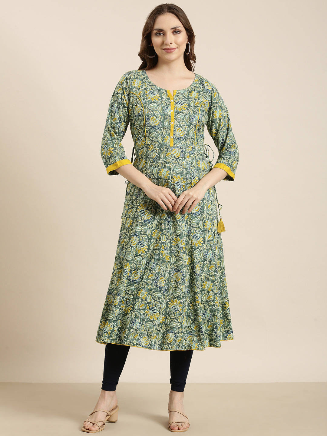 Women Anarkali Green Floral Kurta