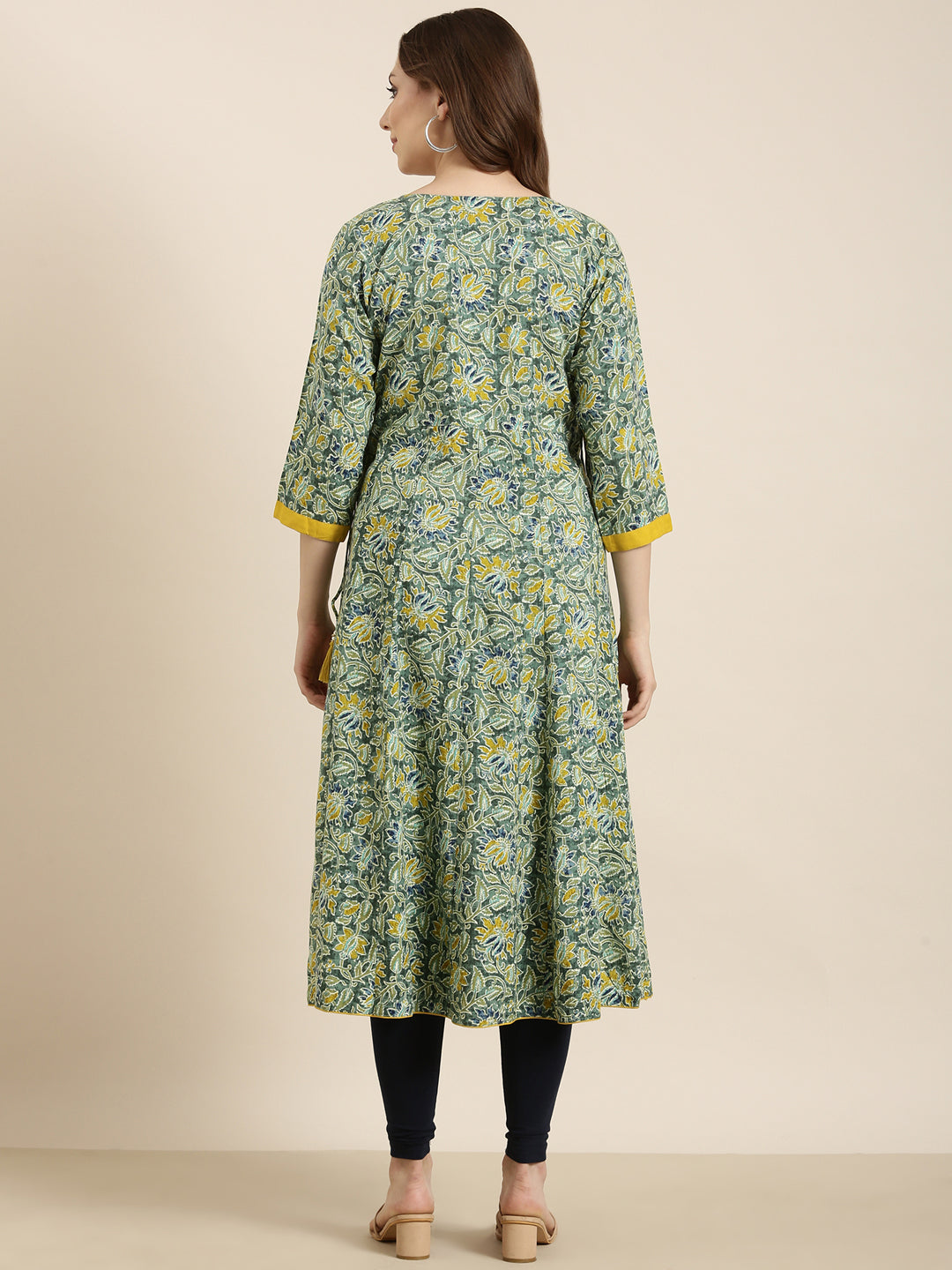 Women Anarkali Green Floral Kurta