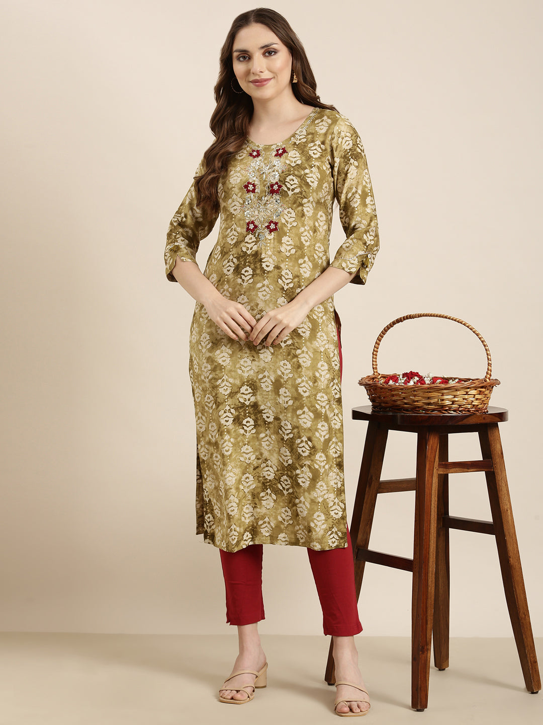 Women Straight Olive Floral Kurta