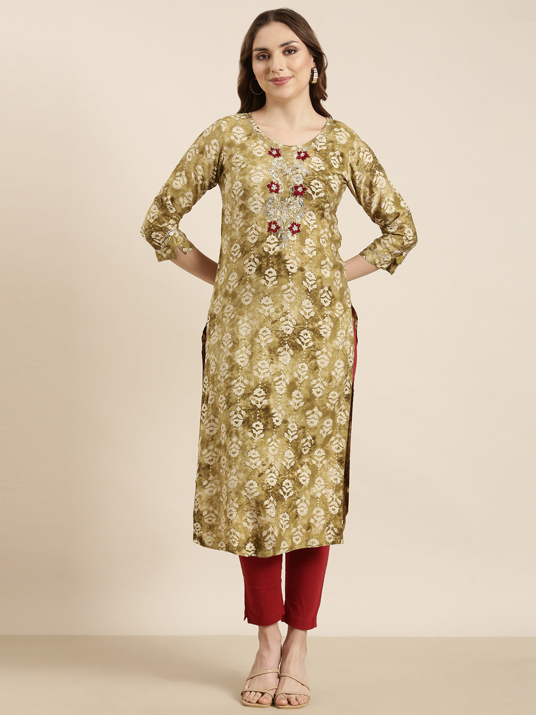 Women Straight Olive Floral Kurta