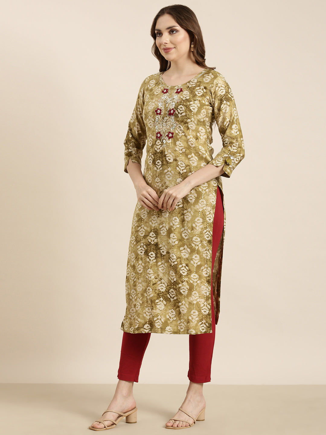 Women Straight Olive Floral Kurta