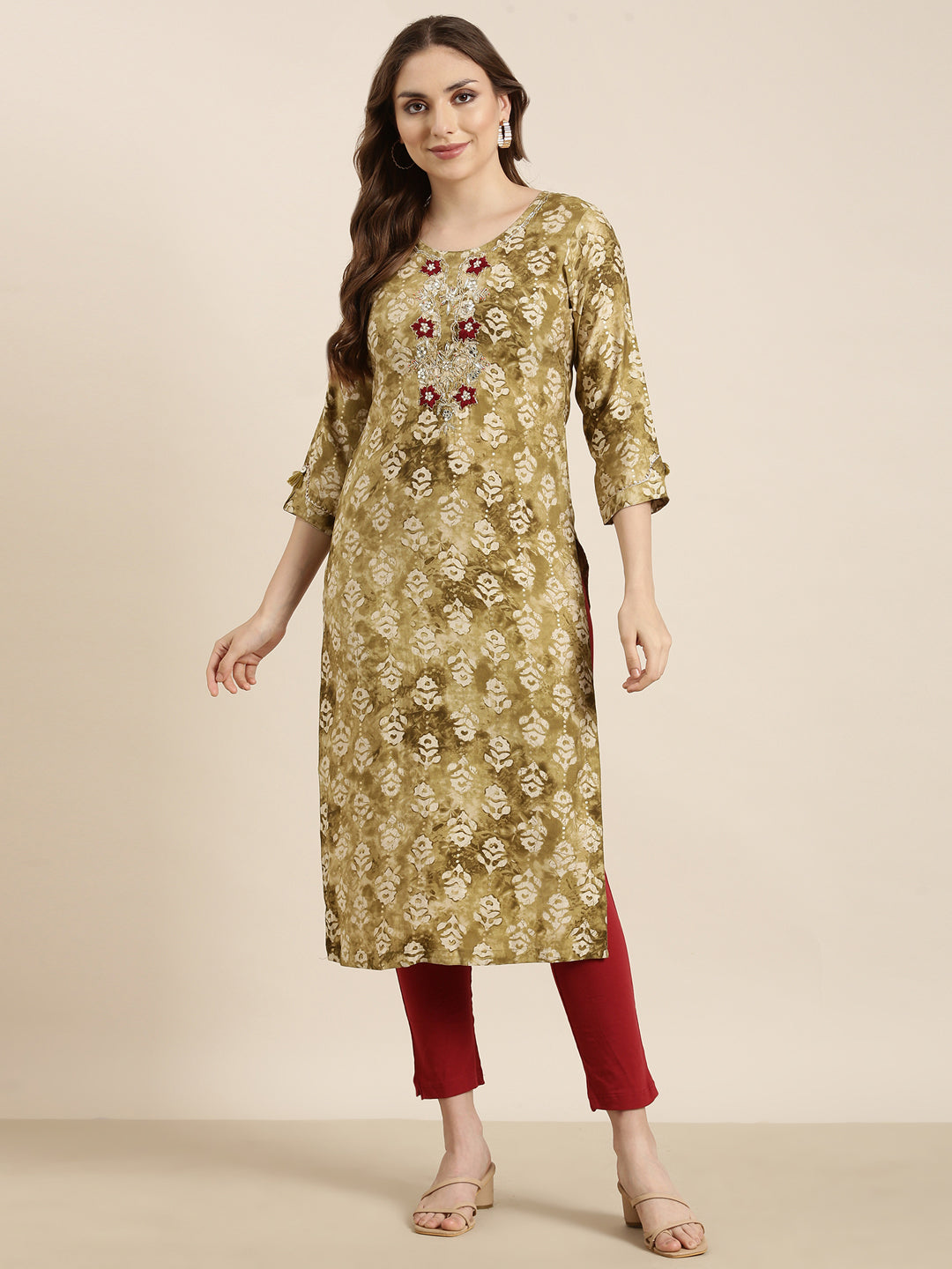 Women Straight Olive Floral Kurta