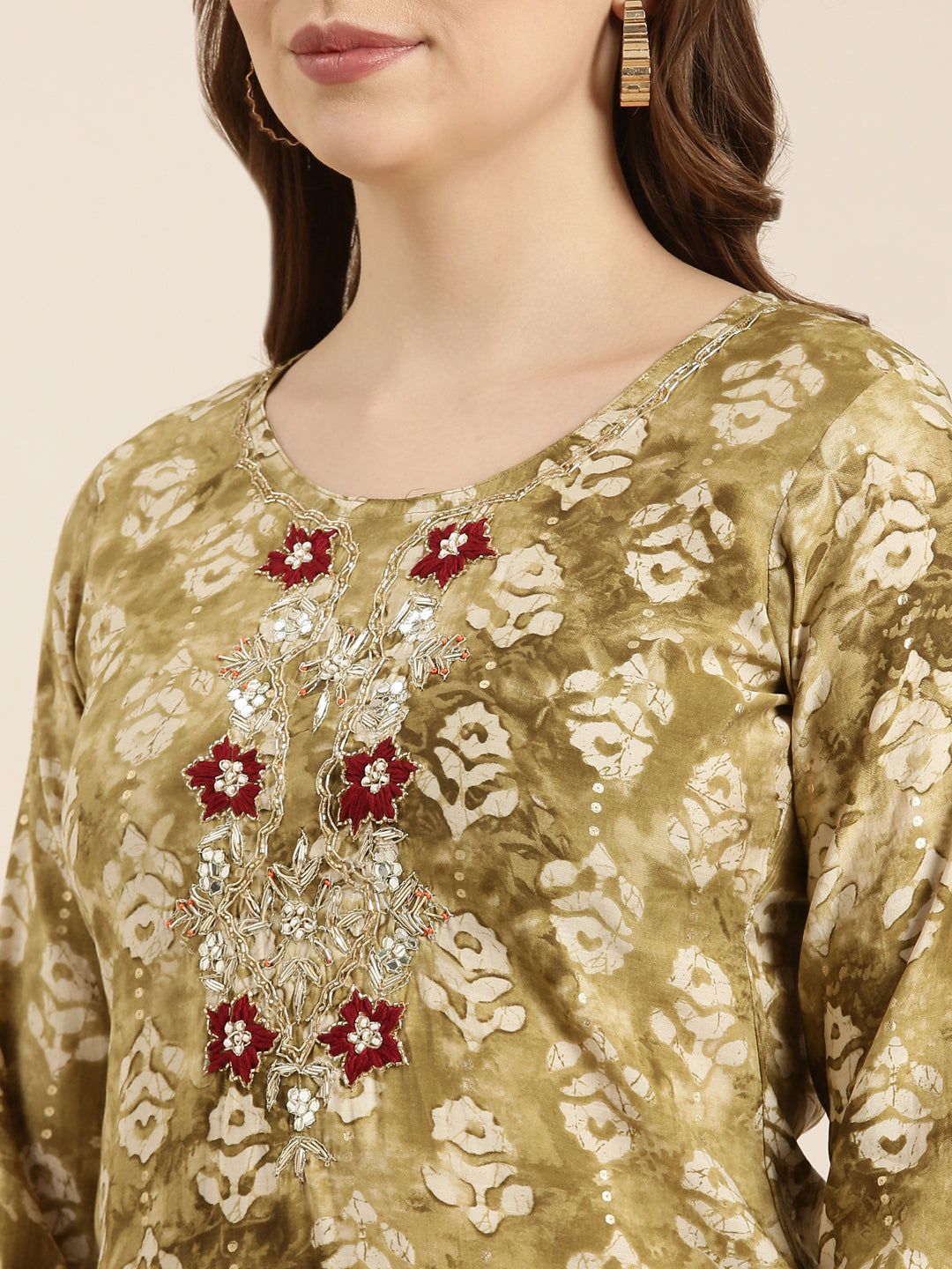 Women Straight Olive Floral Kurta