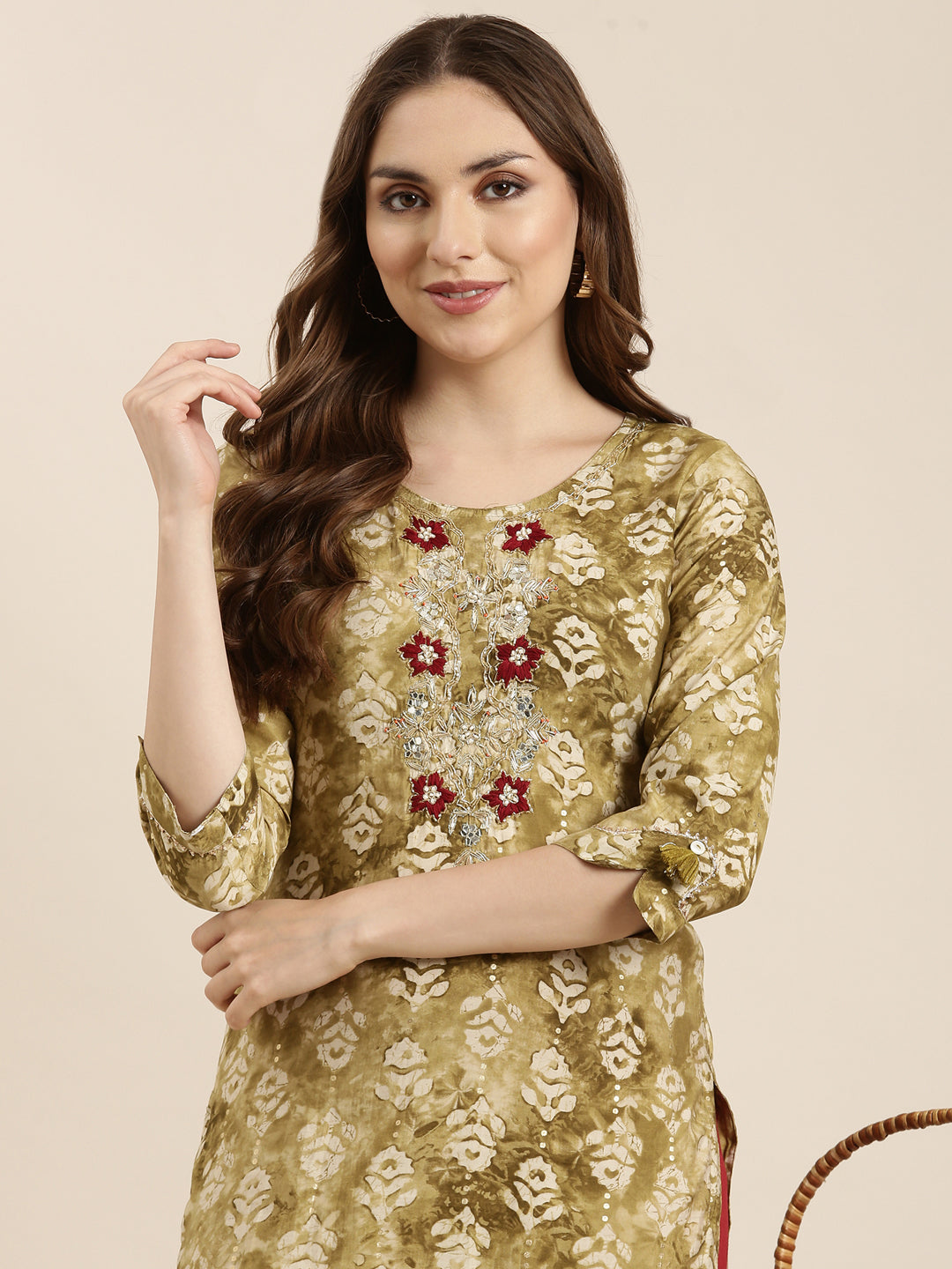 Women Straight Olive Floral Kurta