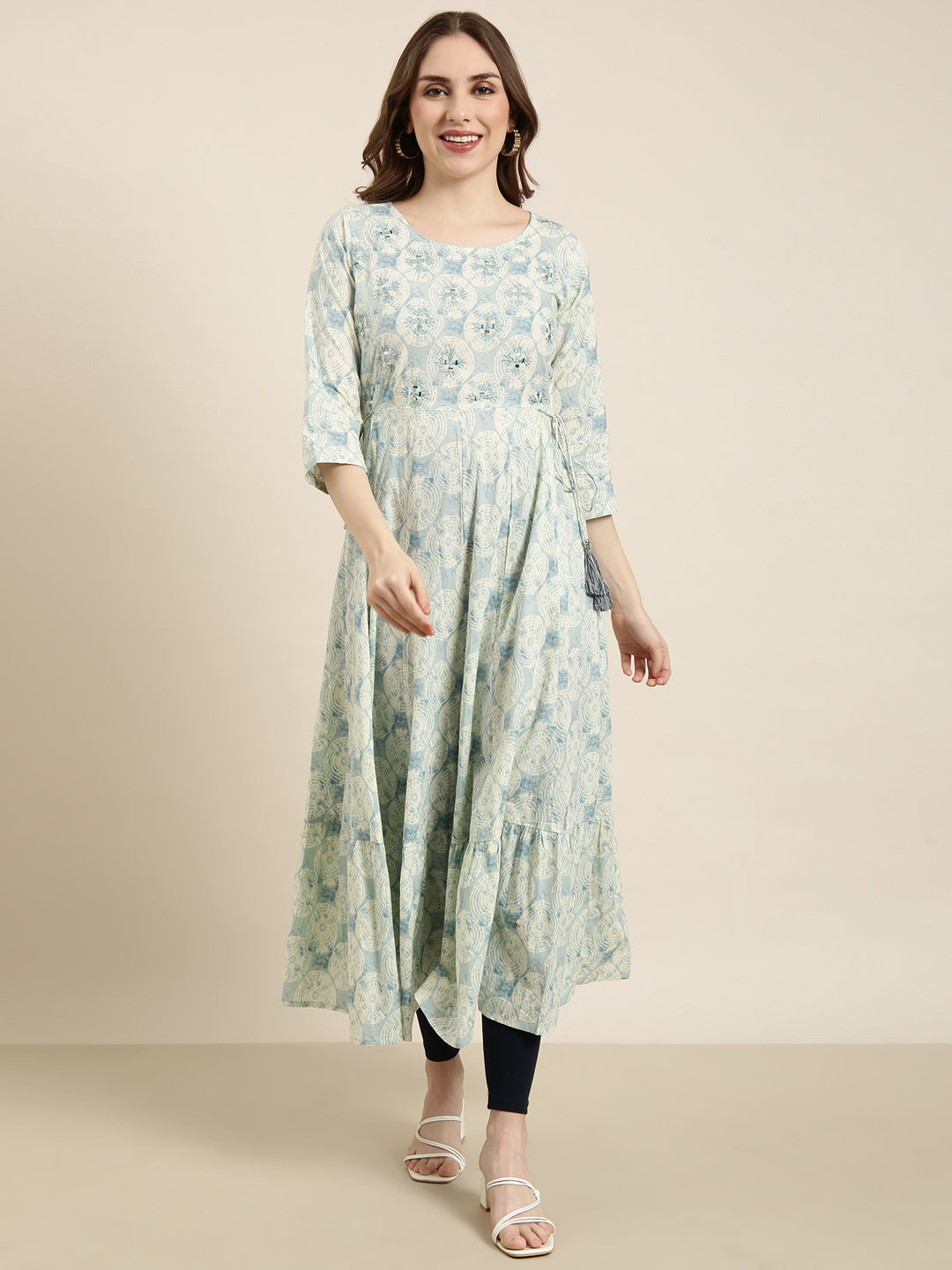 Women Anarkali Sea Green Abstract Kurta