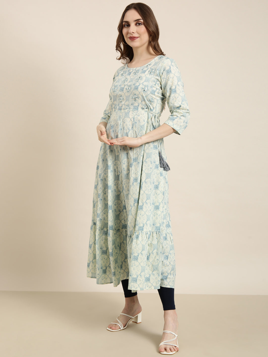 Women Anarkali Sea Green Abstract Kurta