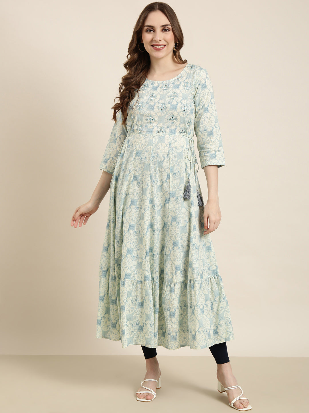 Women Anarkali Sea Green Abstract Kurta