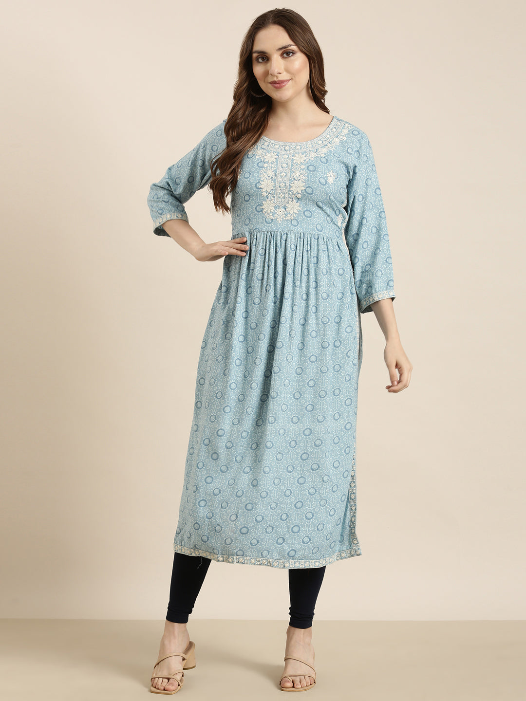 Women Straight Blue Floral Kurta