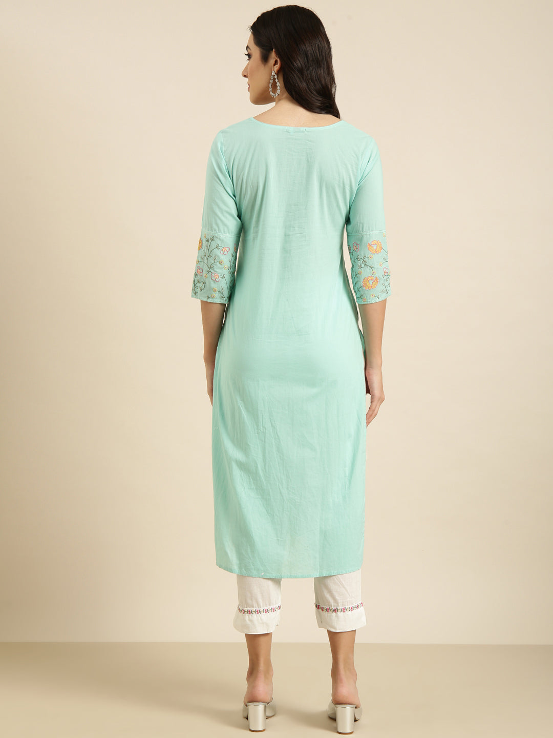 Women Straight Sea Green Solid Kurta and Trousers Set