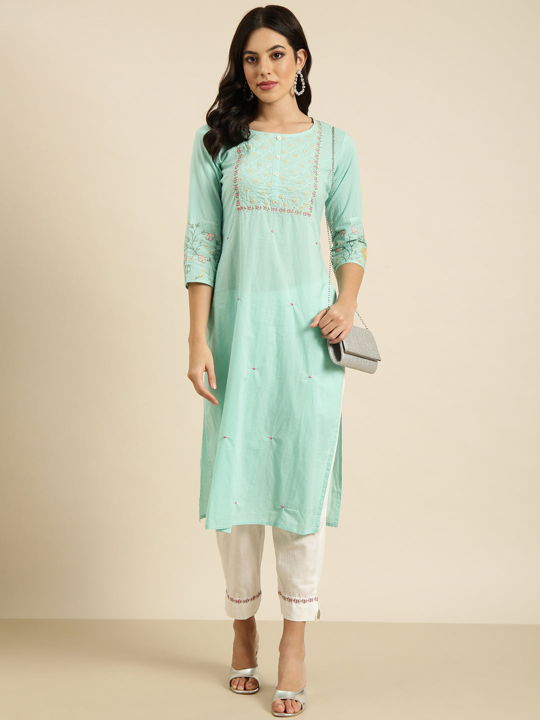 Women Straight Sea Green Solid Kurta and Trousers Set