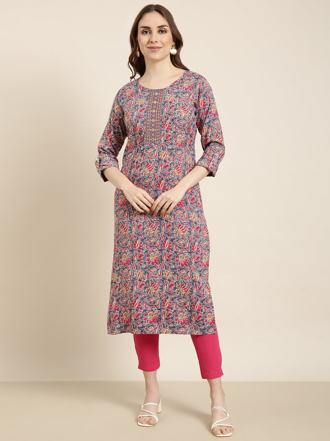 Women Straight Grey Floral Kurta