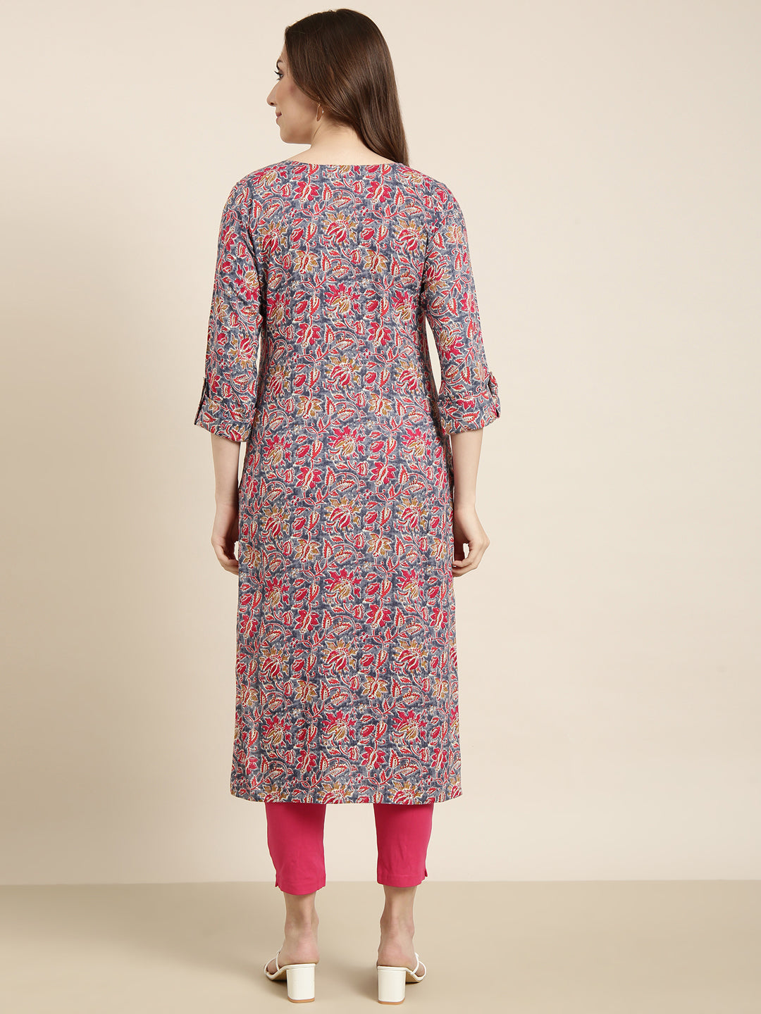 Women Straight Grey Floral Kurta