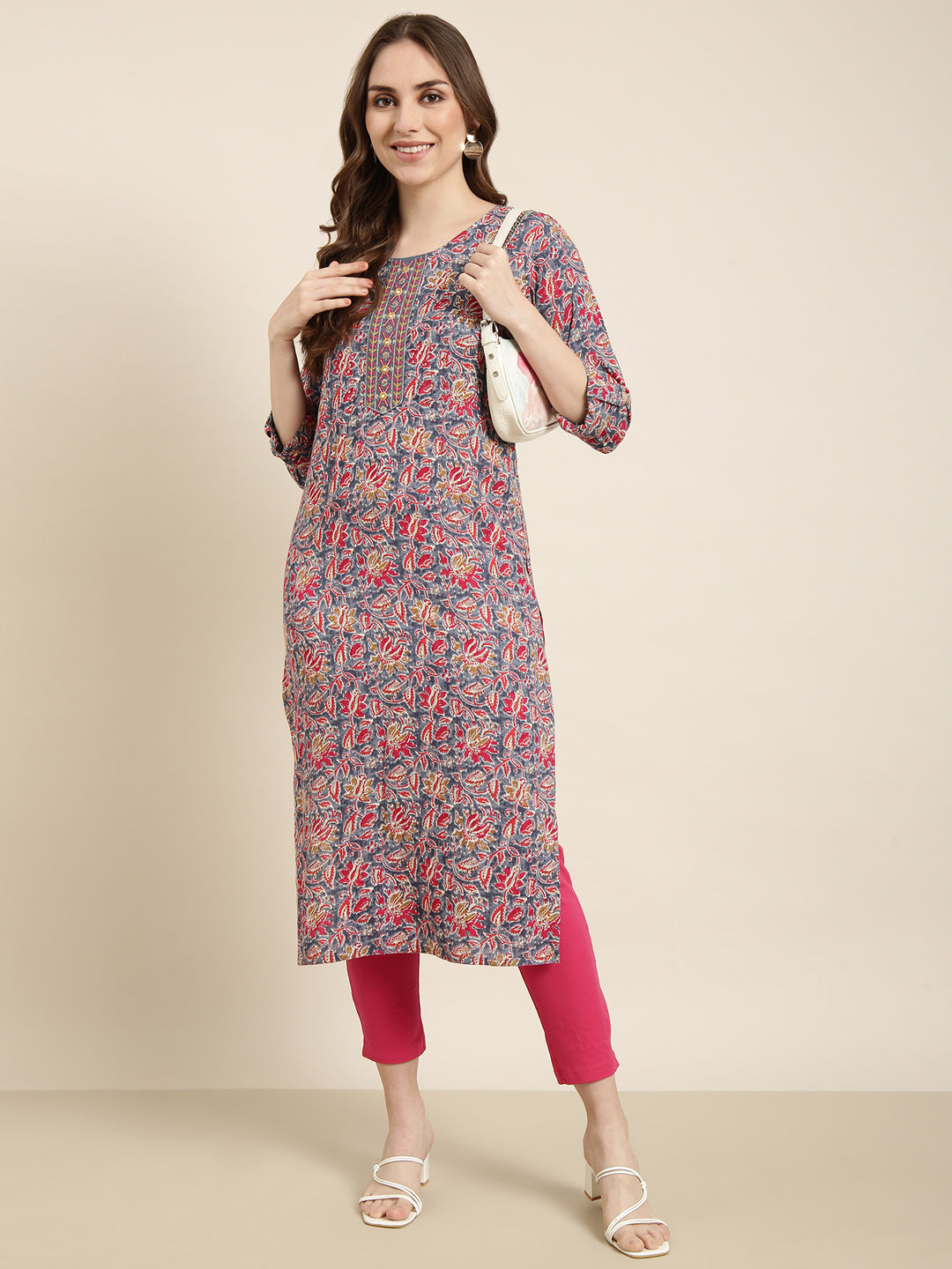 Women Straight Grey Floral Kurta