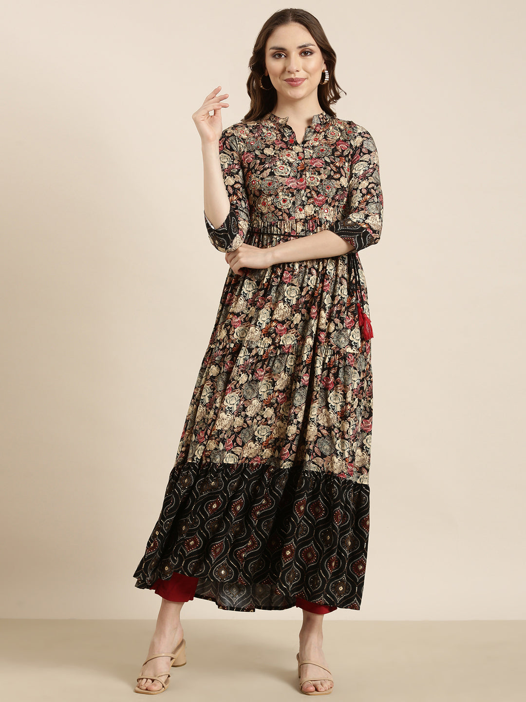 Women's Anarkali Black Floral Kurta