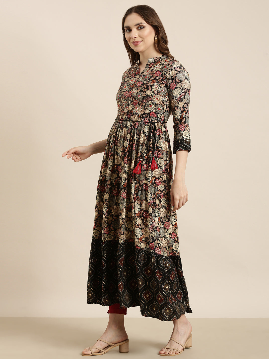 Women's Anarkali Black Floral Kurta