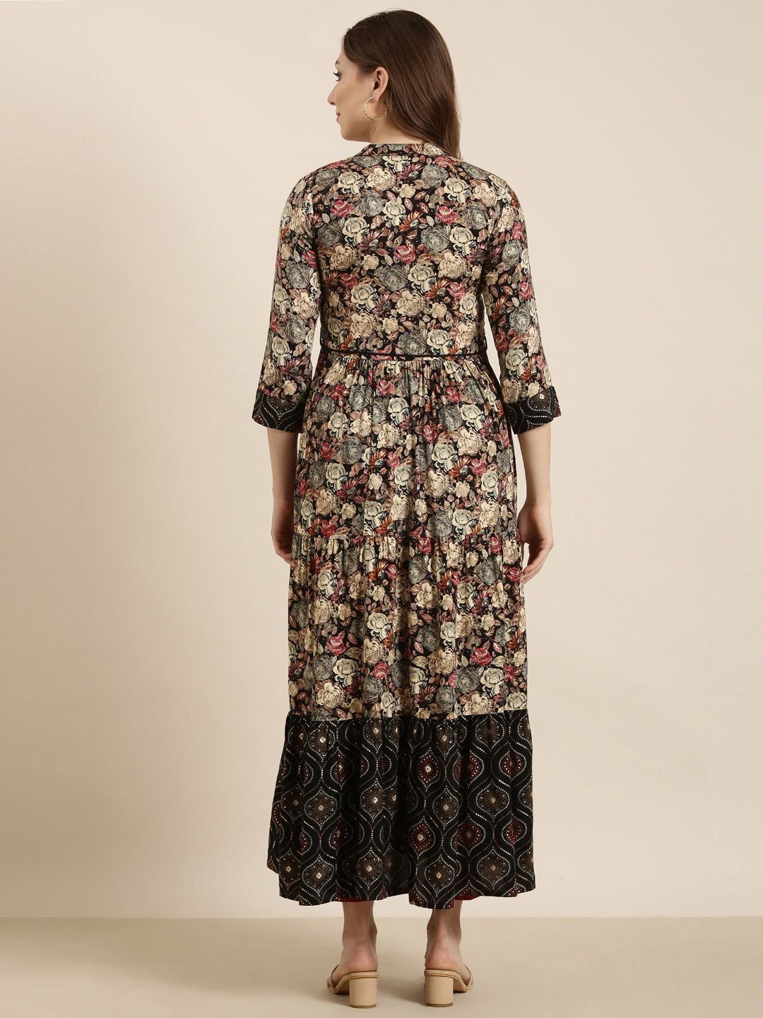 Women's Anarkali Black Floral Kurta