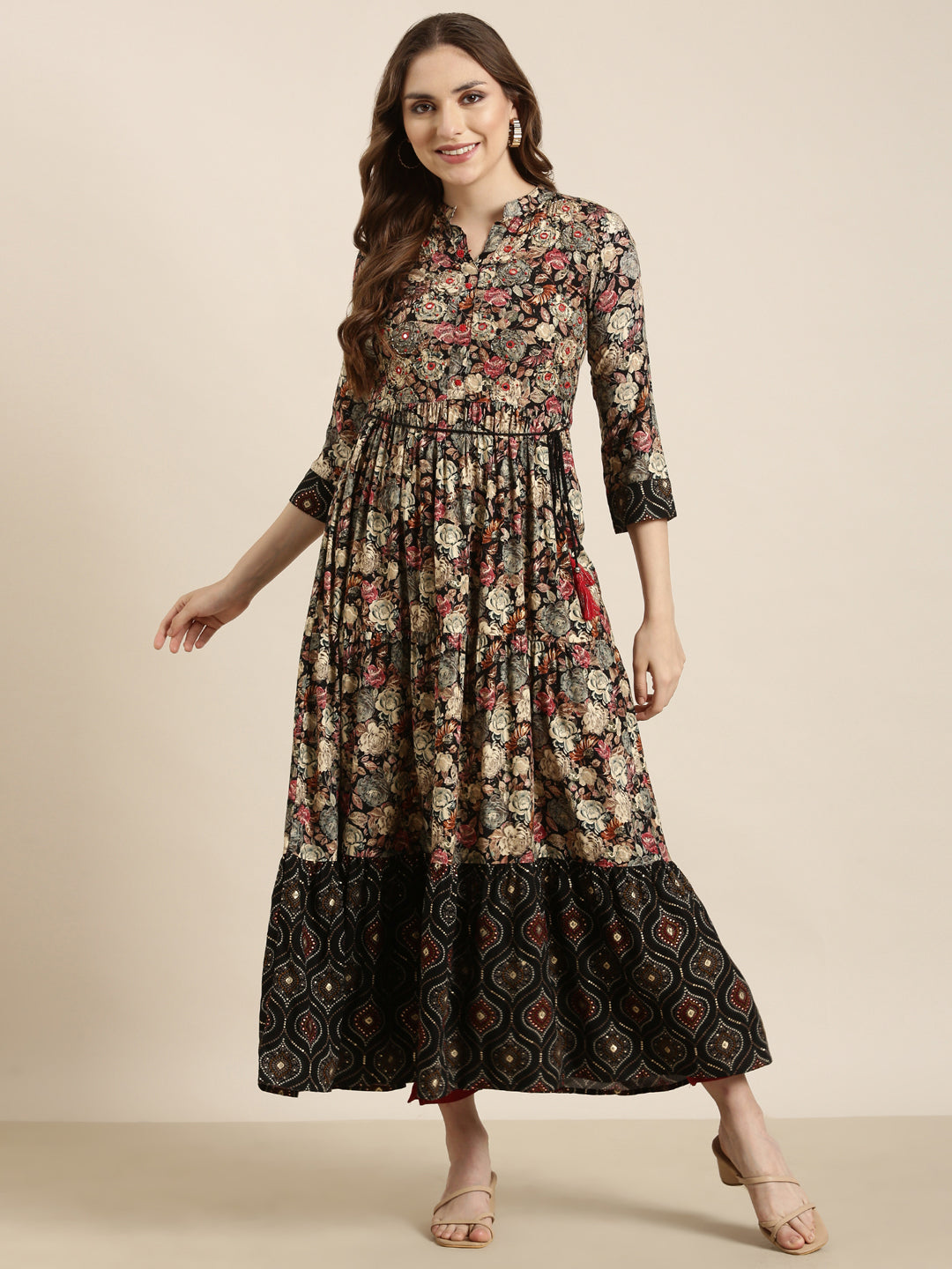 Women's Anarkali Black Floral Kurta