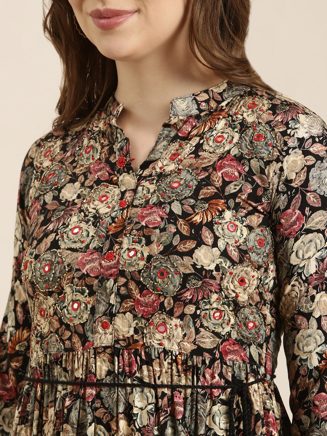 Women's Anarkali Black Floral Kurta