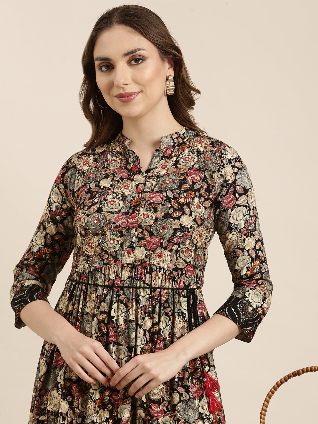 Women's Anarkali Black Floral Kurta