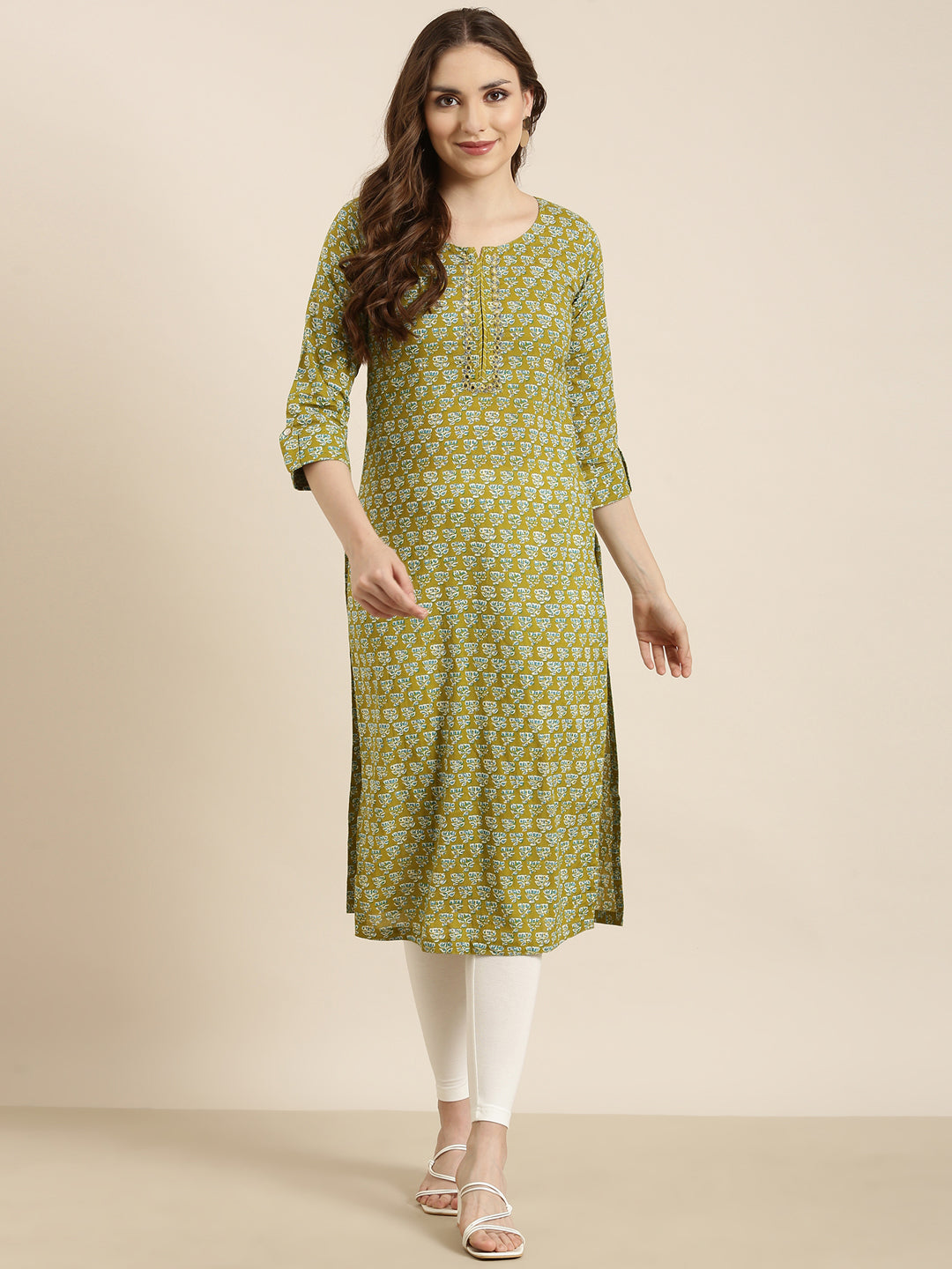 Women Straight Green Floral Kurta