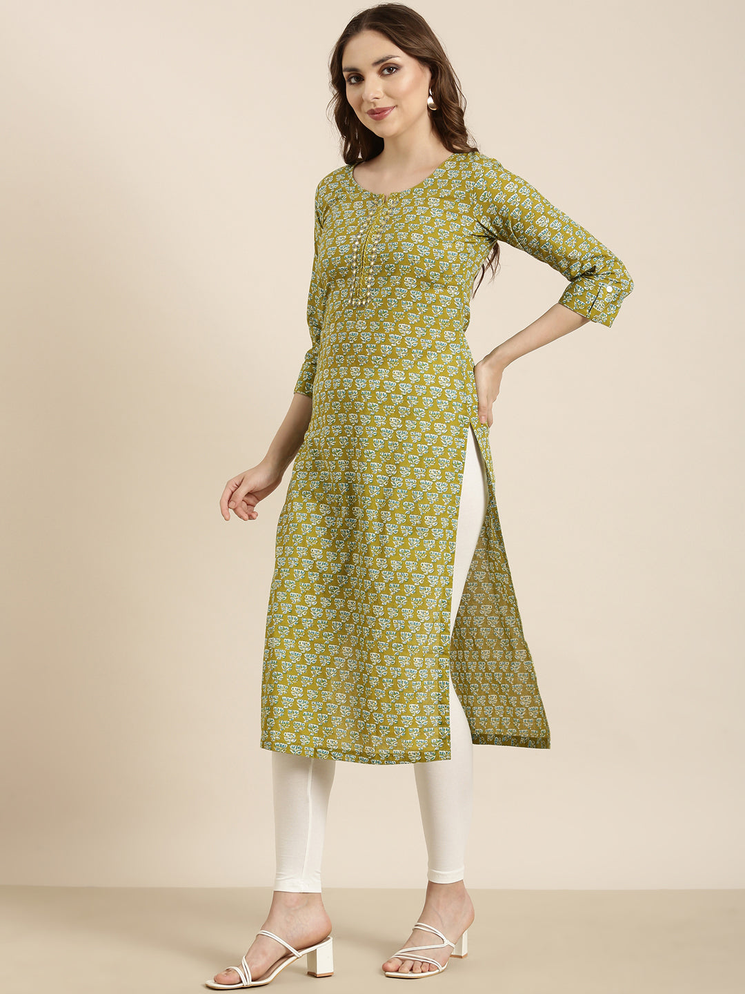 Women Straight Green Floral Kurta