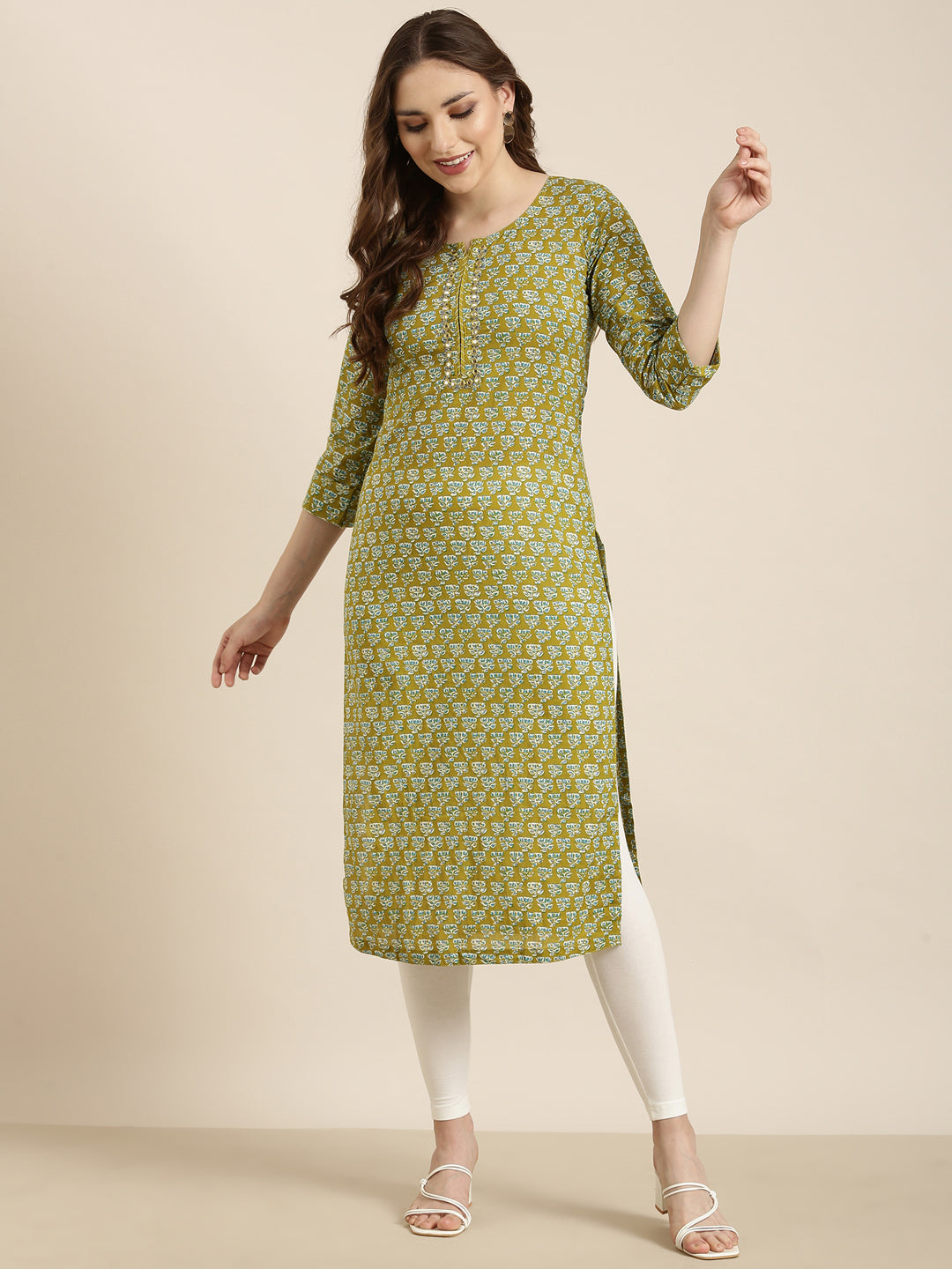 Women Straight Green Floral Kurta