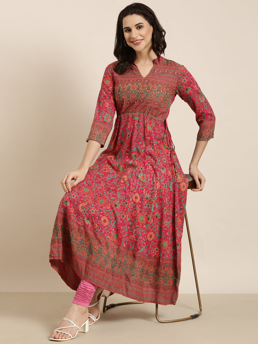 Women's Anarkali Pink Floral Kurta